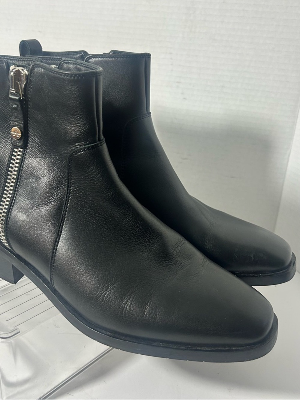 Aquatalia Men's Colbie Black Leather Moto Weatherproof Ankle Boots with Side Zip